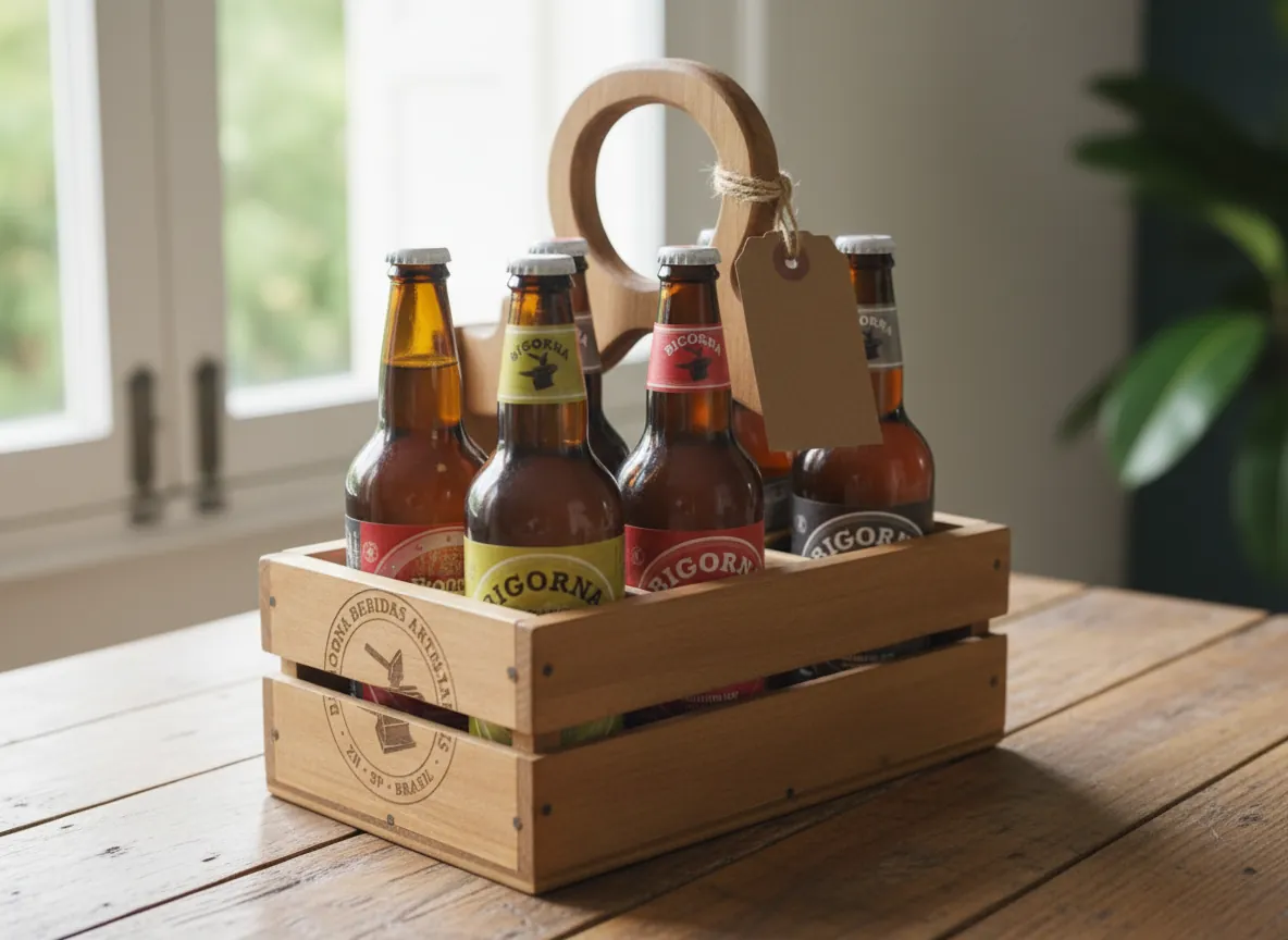 Engradado de madeira com seis garrafas de cerveja e uma etiqueta de presente amarrada com barbante