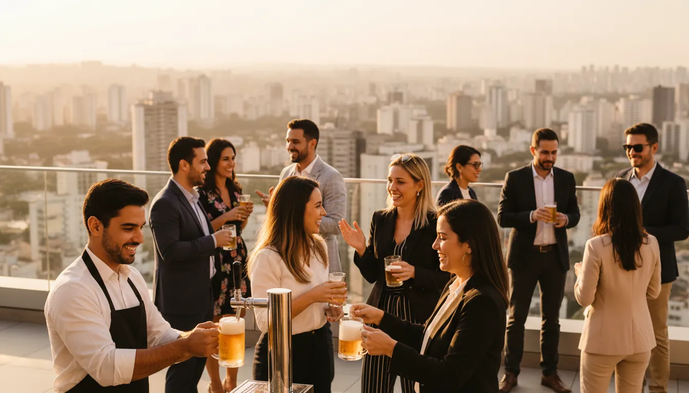 Ilustração: happy hour de empresa num terraço com chopp e a cidade ao fundo