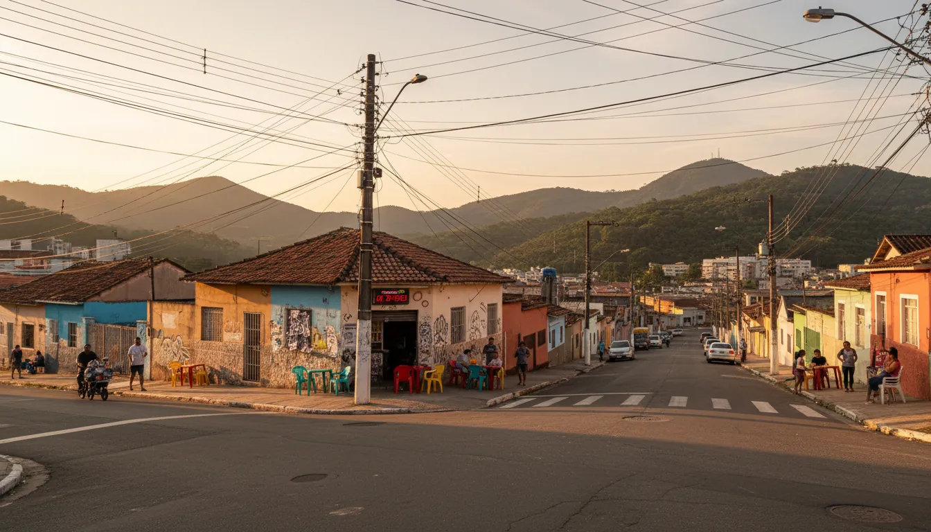 Ilustração gerada por IA: rua da Zona Norte de São Paulo com a serra ao fundo