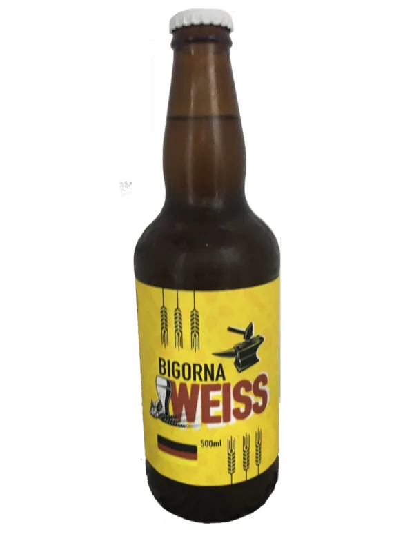 Garrafa da cerveja Bigorna Weiss, rótulo amarelo